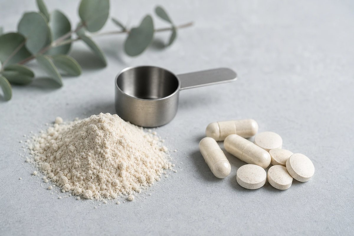Markenneutrales Gelenk-Supplement als Pulverhäufchen mit einem schlichten Messlöffel aus Stahl sowie einigen blassen Kapseln und runden Tabletten auf einer ruhigen hellgrauen Fläche, ohne Etikett oder Aufschrift