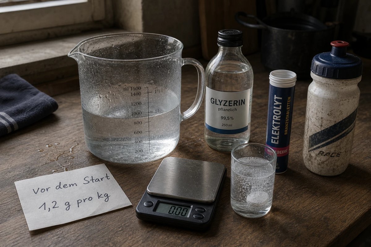 Küchentheke mit Vorbereitung für die Hyperhydration: Messkrug mit Wasser, eine Flasche Glycerin, eine Tube Elektrolyt-Tabletten, eine Küchenwaage und ein handgeschriebener Zettel mit der Dosierung 1,2 Gramm pro Kilogramm