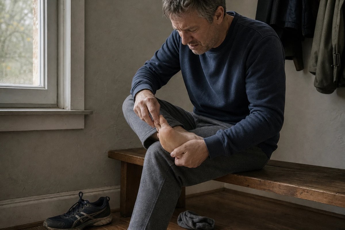 Ein Mann sitzt auf einer Bank, hat einen nackten Fuß auf das Knie gelegt und schiebt prüfend die Großzehe nach oben, eine leichte Beule auf dem Fußrücken über dem Großzehengrundgelenk ist erkennbar