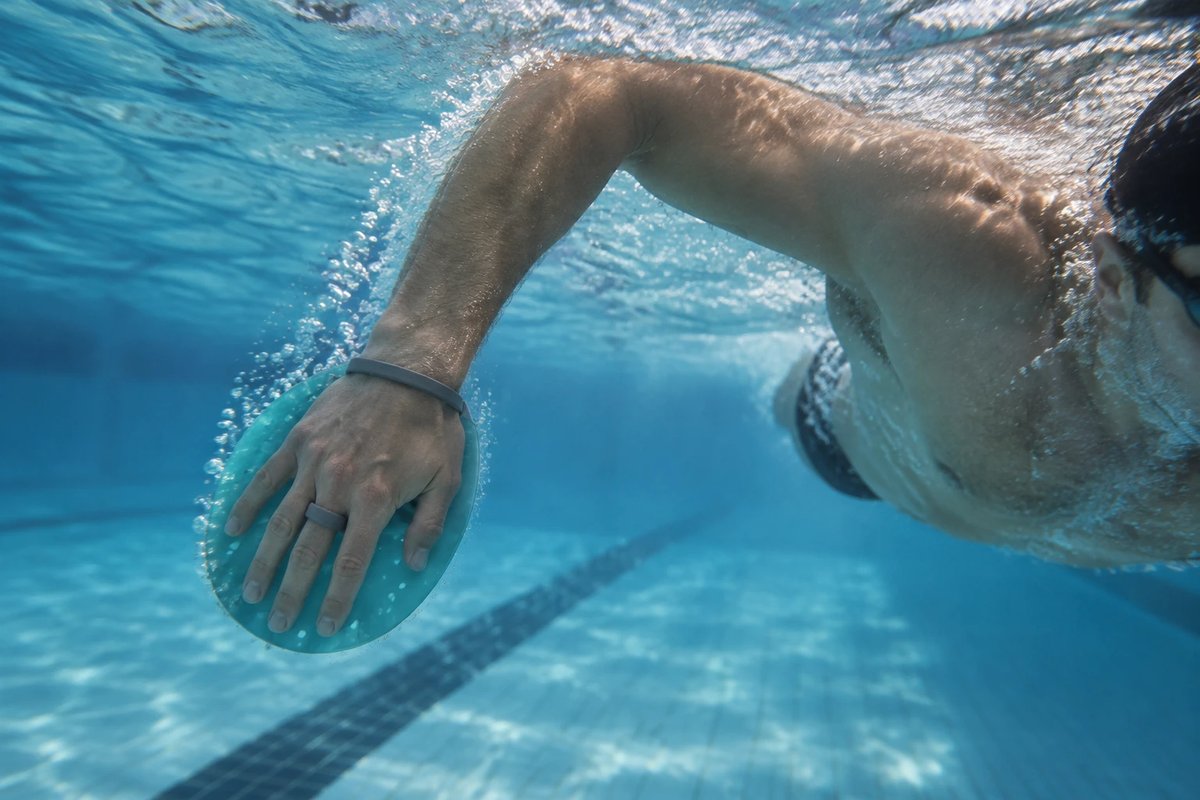 Unterwasseraufnahme eines Schwimmers beim Kraulzug mit einem schlichten, türkisfarbenen Handpaddle, Luftblasen am Rand der Platte, im Hintergrund die Bahnmarkierung am Beckenboden