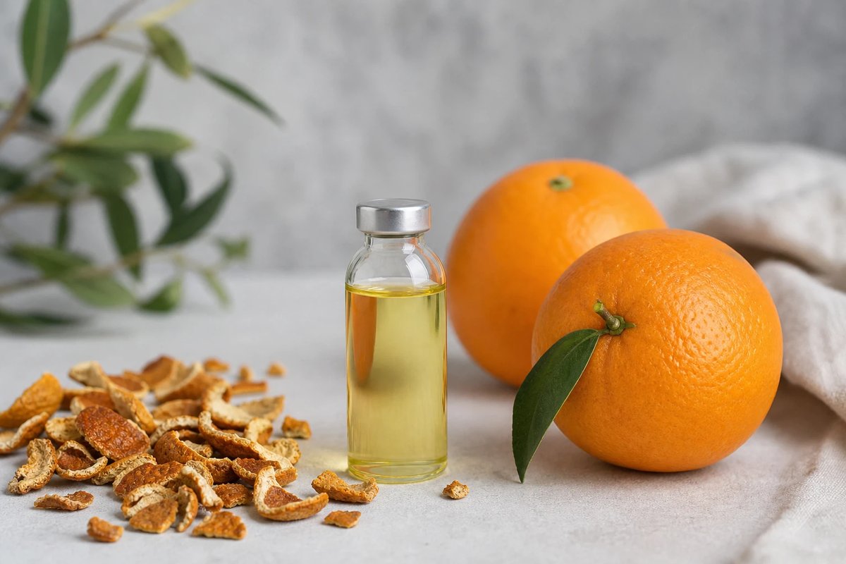 Unbeschriftetes Glasfläschchen mit hellgoldenem Zitrusextrakt neben zwei ganzen Orangen und getrockneten Orangenschalen auf neutraler Fläche