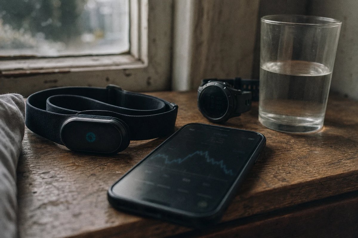 Morgendliches Mess-Setup auf einem Holznachttisch: ein aufgerollter Brustgurt-Herzfrequenzsensor neben einem Smartphone mit einer unscharfen Liniengrafik, dazu eine GPS-Uhr und ein Glas Wasser im fahlen Morgenlicht