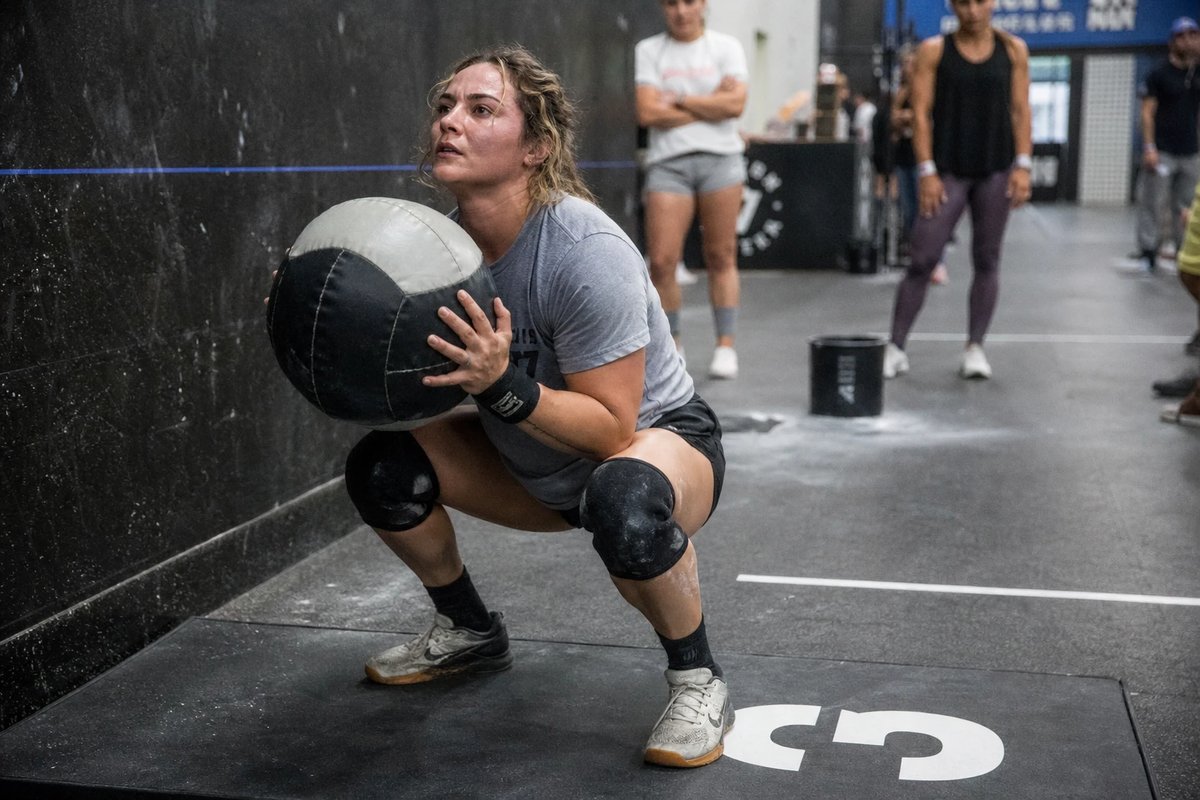 HYROX-Athletin fängt in der tiefen Hocke einen Wall Ball unter der Ziellinie, sichtbar erschöpft in der Halle