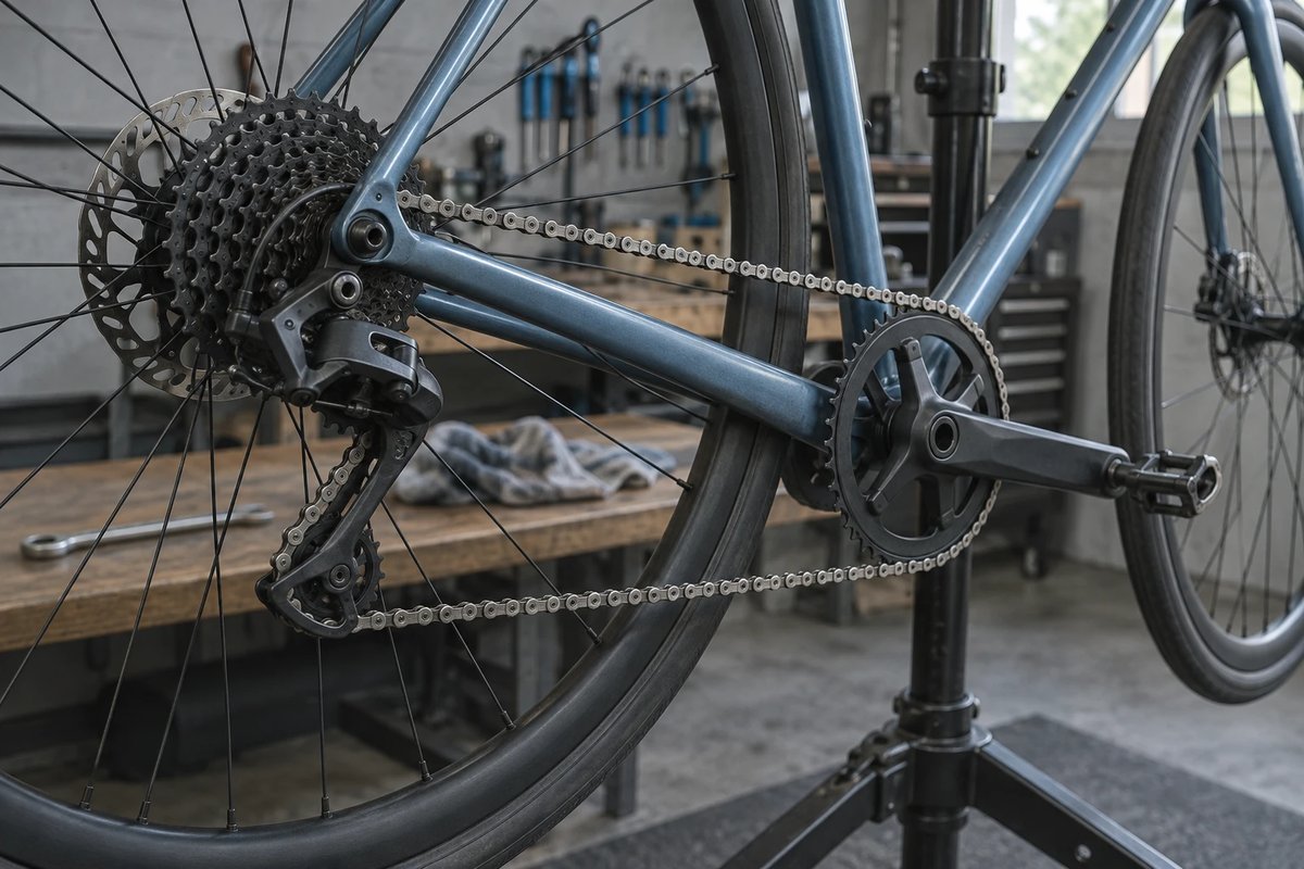 Rennrad im Montageständer von der Antriebsseite, Blick auf Kassette, Schaltwerk und Kettenblatt mit sauber laufender Kette in einer Werkstatt