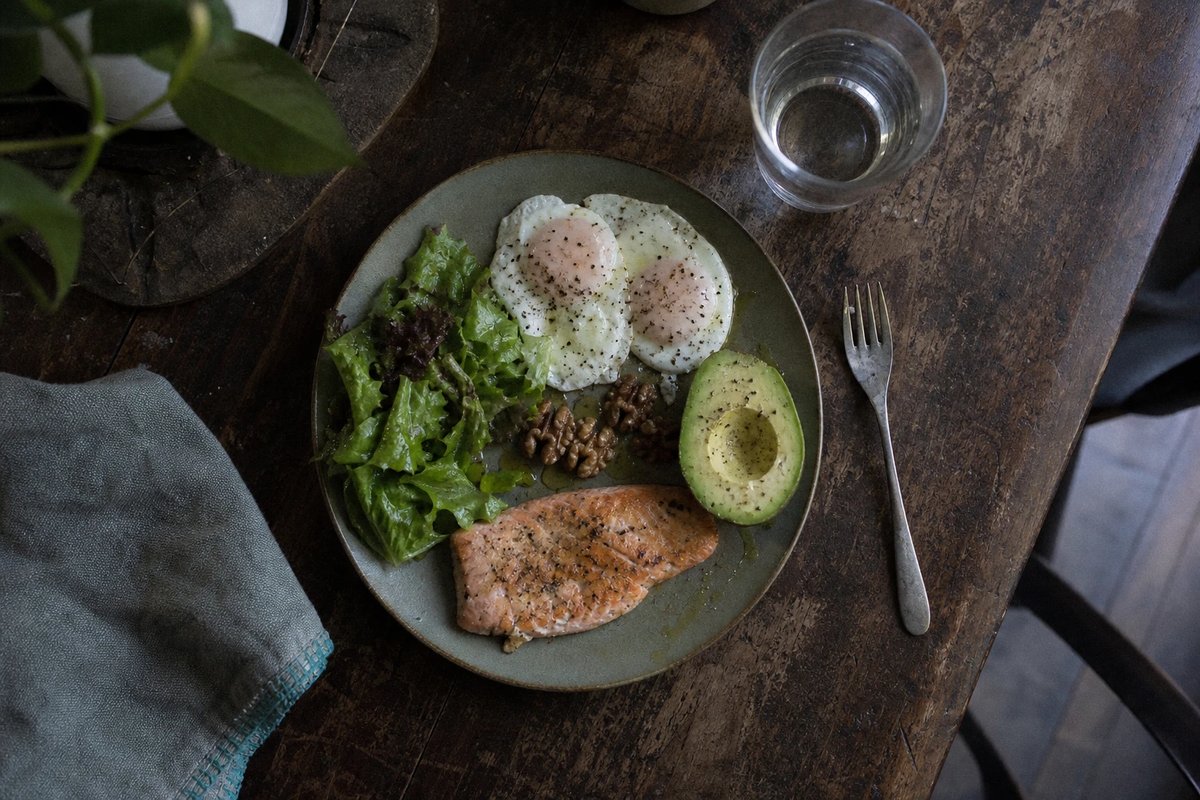 Aufsicht auf einen Holztisch mit einer typischen Low-Carb-Mahlzeit: zwei Spiegeleier, eine halbe Avocado, ein Stück gegrillter Lachs, ein kleiner Salat und einige Walnüsse mit Olivenöl