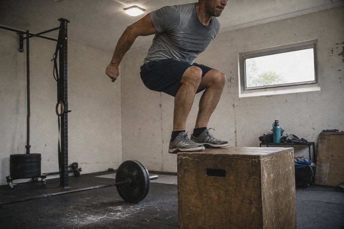 Ausdauersportler beim Box-Jump in einer abgenutzten Heim-Gym-Ecke, im Hintergrund eine beladene Langhantel auf dem Boden