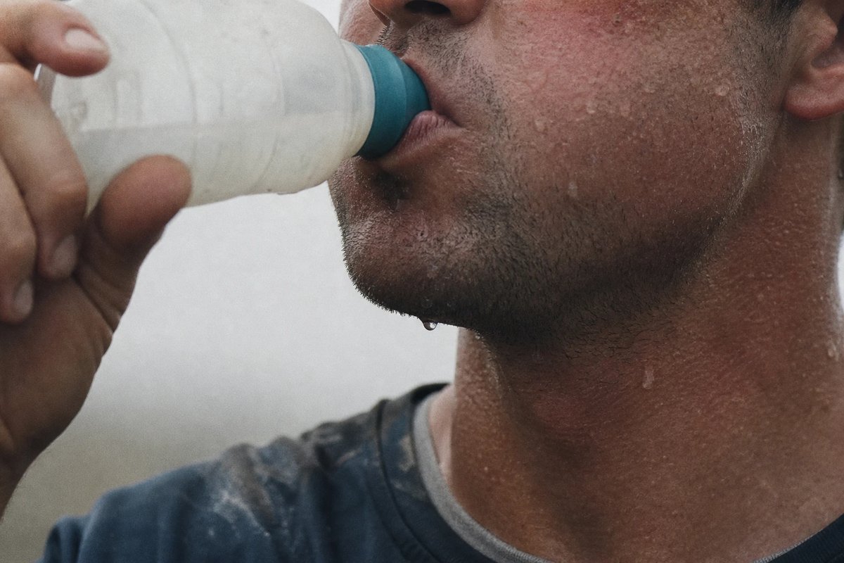 Nahaufnahme der unteren Gesichtshälfte eines verschwitzten Ausdauersportlers, der eine schlichte Trinkflasche an die Lippen setzt und eine klare Flüssigkeit im Mund behält, einige Tropfen am Kinn