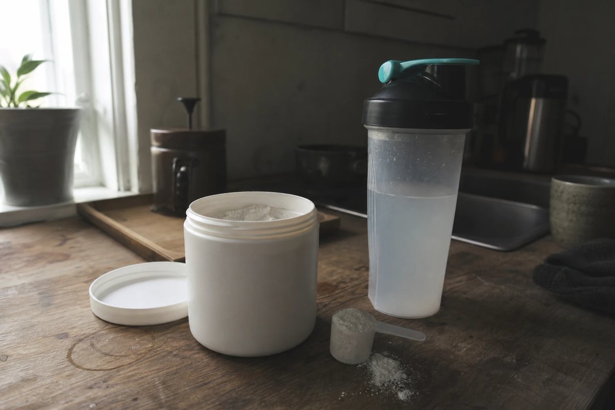 Offene Dose mit feinem weißem Kreatinpulver und einem Messlöffel auf einer abgenutzten Holzarbeitsplatte, daneben ein Shaker mit trüb angerührtem Wasser