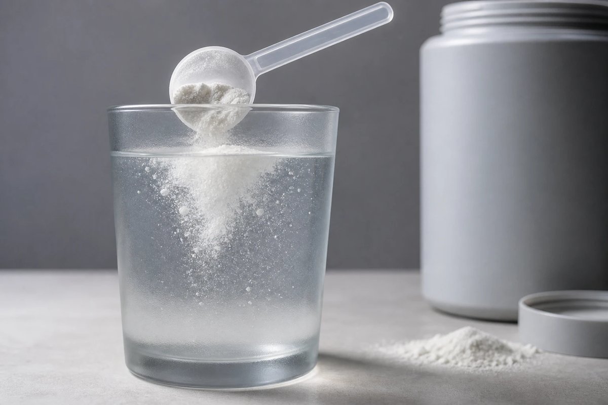 Ein Messlöffel mit weißem Aminosäurepulver rieselt in ein Glas Wasser, das Pulver löst sich in feinen Schlieren auf, daneben ein neutraler unbeschrifteter Behälter