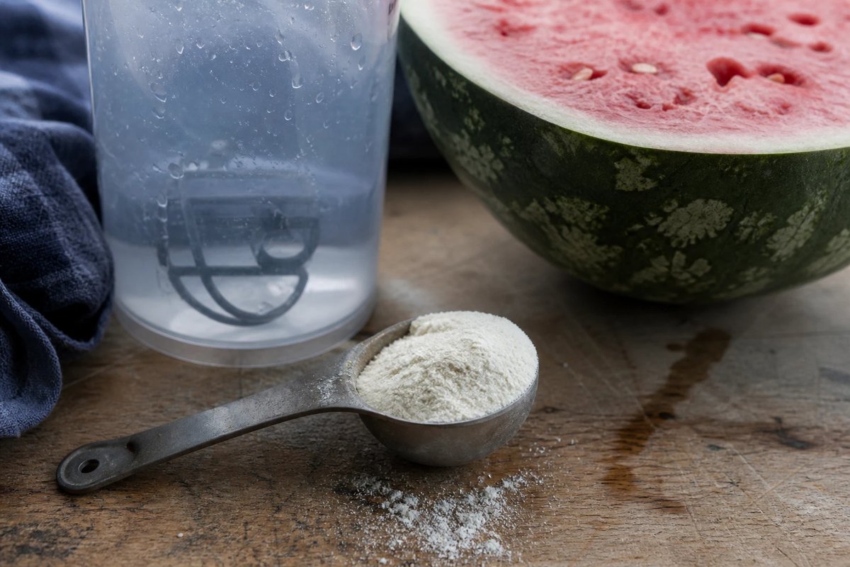 Ein Messlöffel mit hellem Citrullin-Pulver neben einer halbierten Wassermelone und einer Trinkflasche auf einer Küchenarbeitsplatte