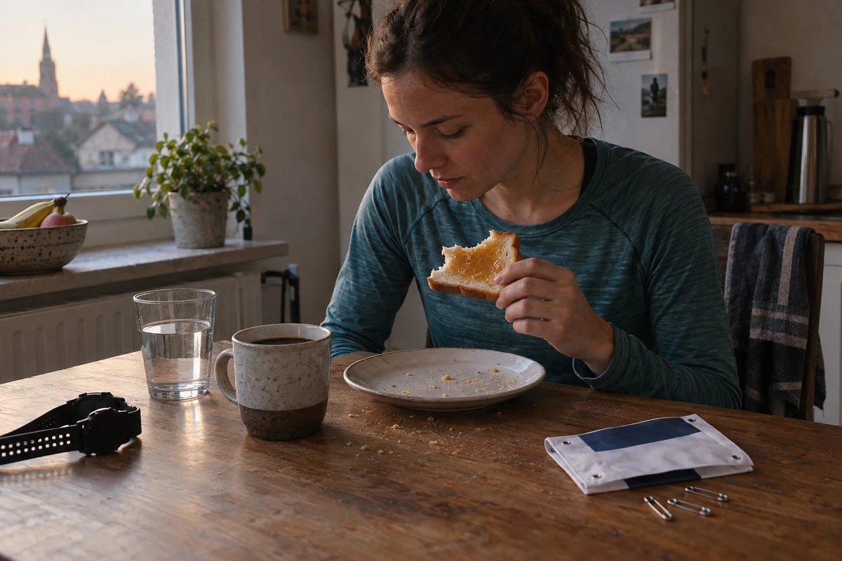 Läuferin im türkisen Langarmshirt isst am frühen Morgen am Küchentisch ein Toastbrot mit Honig, daneben Kaffee, ein Glas Wasser, eine Laufuhr und die gefaltete Startnummer mit Sicherheitsnadeln