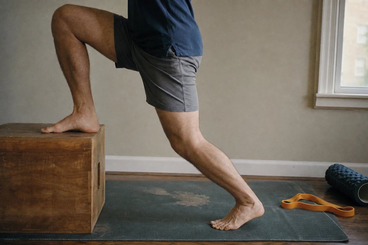 Läufer macht einen langsamen, kontrollierten Step-down von einer niedrigen Holzbox auf eine Trainingsmatte, daneben ein Theraband und eine Faszienrolle