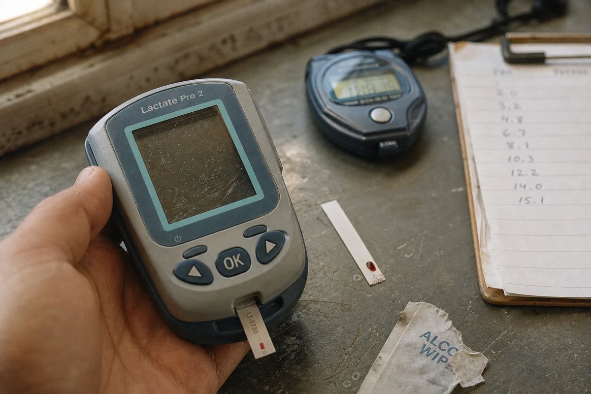 Tragbares Laktatmessgerät in der Hand auf einer Labortheke, daneben ein Teststreifen mit einem Tropfen Blut, eine Stoppuhr und ein Klemmbrett mit handschriftlichen Laktatwerten