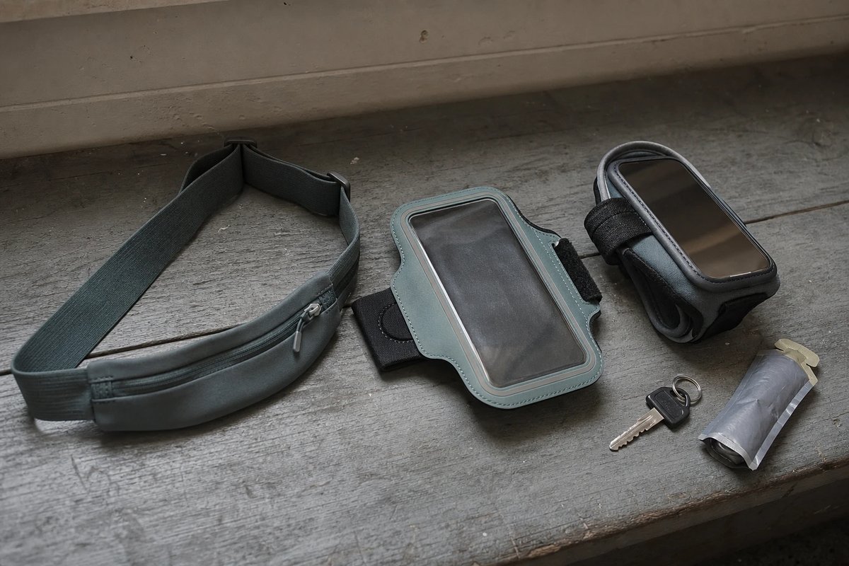Ein schlanker elastischer Laufgürtel, ein Oberarm-Armband und eine Handy-Handschlaufe nebeneinander auf einer Holzbank, daneben ein Schlüssel und ein Gel