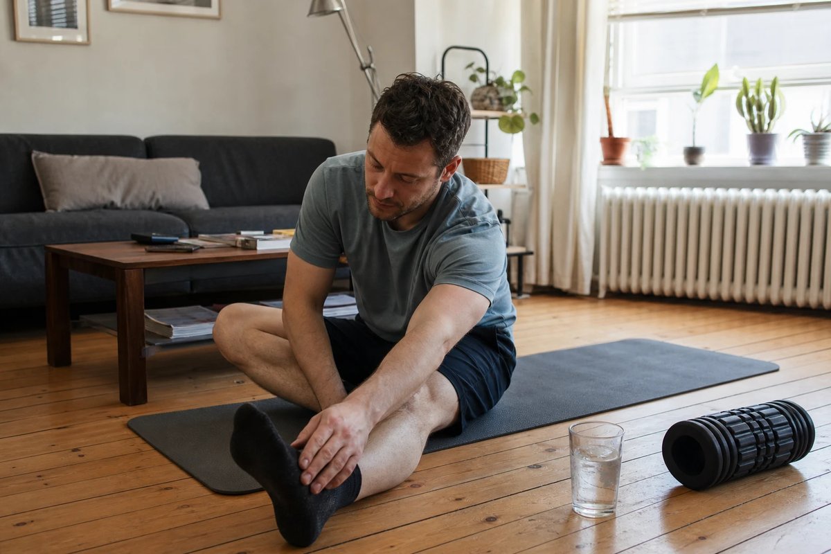 Mann macht an einem Ruhetag zu Hause auf einer Matte lockere Dehnübungen, daneben eine Faszienrolle und ein Glas Wasser
