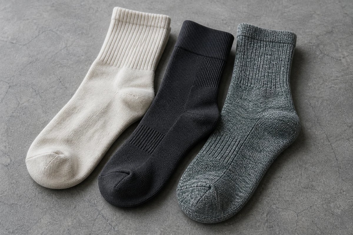 Drei Laufsocken nebeneinander auf grauem Steinuntergrund: links eine dicke, weiche cremeweiße Baumwollsocke, in der Mitte eine glatte anthrazitfarbene Synthetiksocke mit feiner Struktur, rechts eine meliert grau-türkise Merinowollsocke