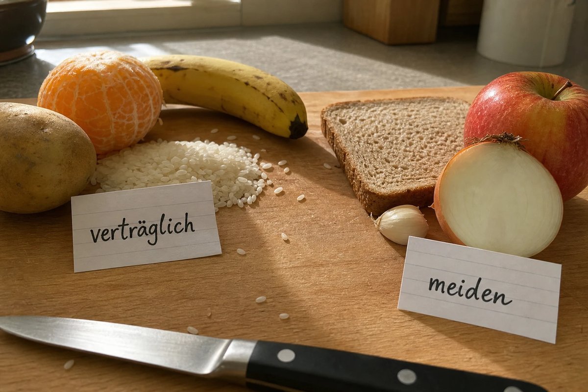 Küchentheke mit zwei Lebensmittelgruppen: links Reis, Kartoffel, geschälte Orange und reife Banane als verträgliche Low-FODMAP-Optionen, rechts Weizenbrot, Zwiebel, Knoblauch und Apfel als zu meidende High-FODMAP-Lebensmittel