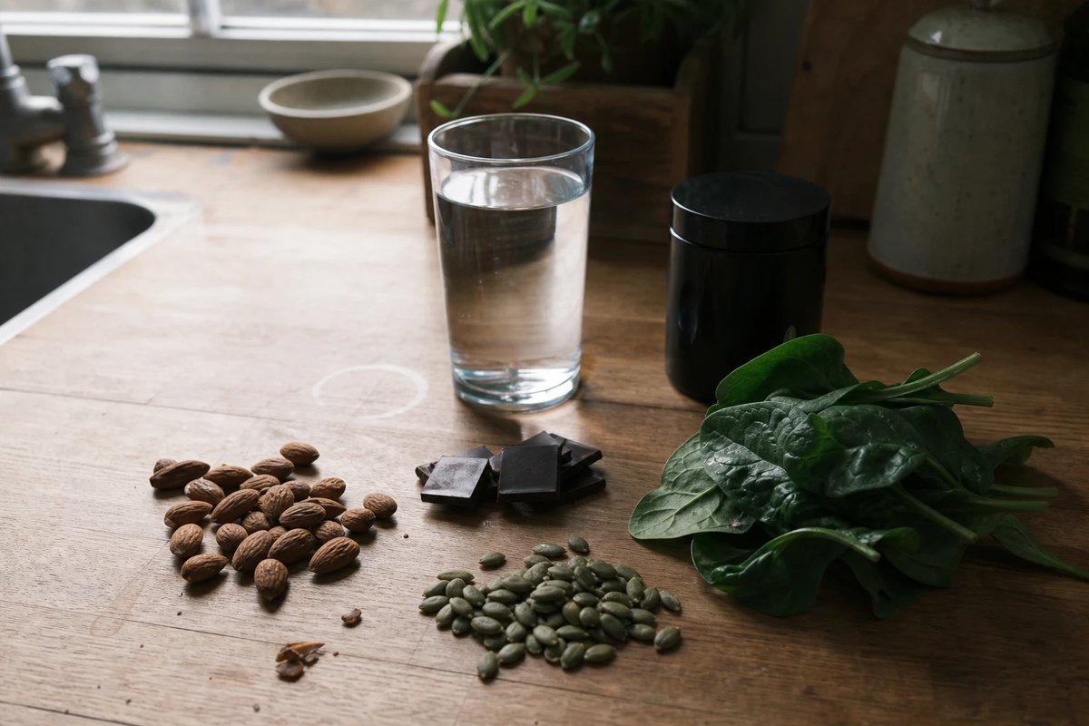 Magnesiumreiche Lebensmittel auf einer Küchenarbeitsplatte: Mandeln, Kürbiskerne, dunkle Schokolade, frischer Blattspinat, ein Glas Mineralwasser und eine kleine Supplement-Dose