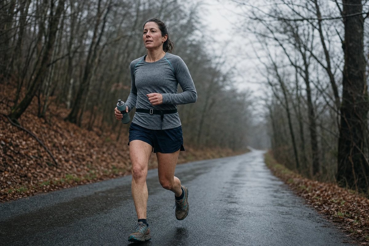 Läuferin in grauem Langarmtrikot mitten in einem langen, lockeren Trainingslauf auf einer ruhigen Waldstraße bei bedecktem Himmel