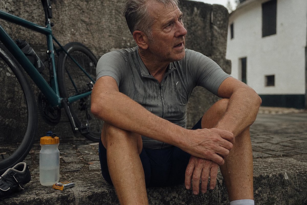 Älterer Rennradfahrer sitzt nach einem harten Intervall auf einer Bordsteinkante und holt Luft, das Rad an eine Mauer gelehnt, Trinkflasche daneben