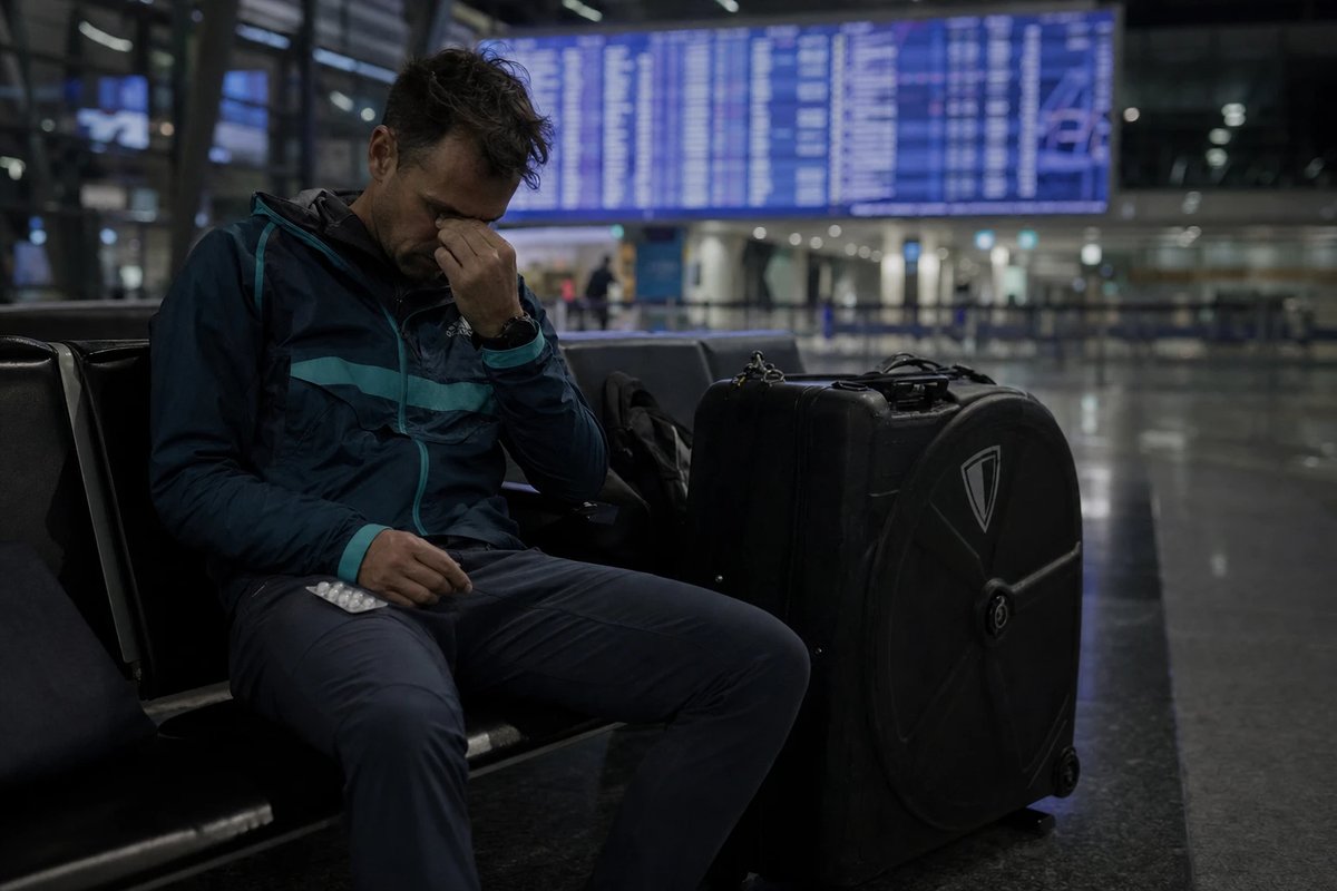 Ein müder Triathlet sitzt nach einem Langstreckenflug spät nachts in einer Flughafen-Wartehalle neben seinem Radkoffer und reibt sich die Augen