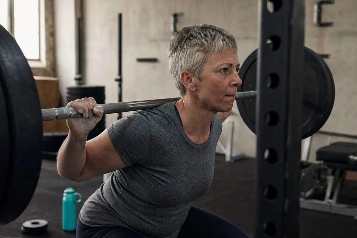 Frau Anfang fünfzig mit kurzen grauen Haaren führt in einem funktionalen Fitnessstudio eine schwere Langhantel-Kniebeuge aus, konzentrierter Blick nach vorn, Kreide an den Händen