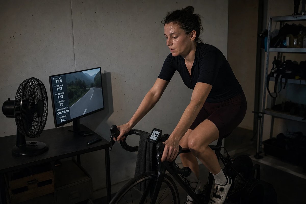 Radfahrerin bei ruhigem Zone-2-Training auf dem Smarttrainer im heimischen Pain Cave, Ventilator und Bildschirm mit Trainingsdaten im Hintergrund
