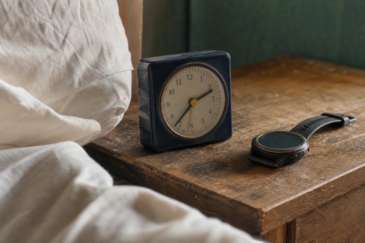 Ein kleiner analoger Wecker und eine GPS-Uhr auf einem hölzernen Nachttisch neben einem Kissen im weichen Nachmittagslicht