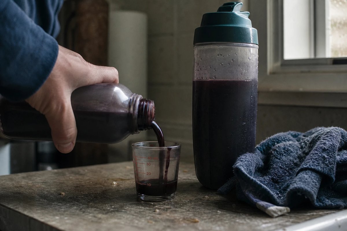 Hand gießt dunkles Montmorency-Kirschkonzentrat aus einer Flasche in ein kleines Messglas auf einer Küchenarbeitsplatte, daneben eine gefüllte Trinkflasche und ein feuchtes Handtuch