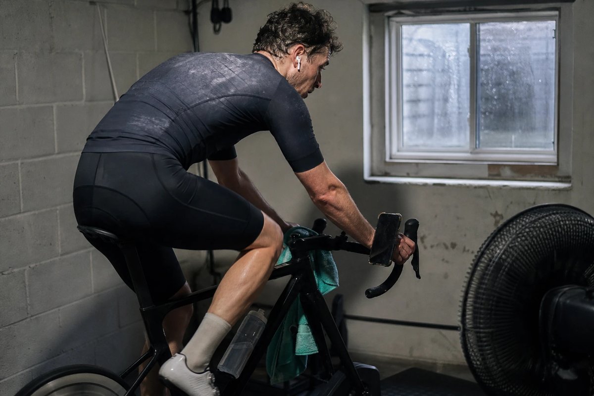 Radfahrer auf einem Smarttrainer im Keller-Paincave tritt in einem gleichmäßigen Rhythmus, ein Ohrhörer im Ohr sichtbar, ein Ventilator und ein Schweißtuch über dem Lenker