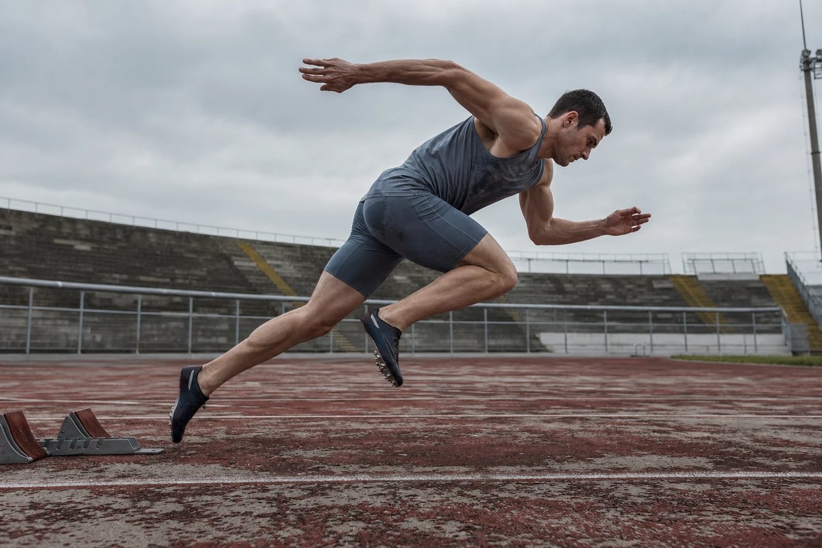 Männlicher Sprinter beschleunigt aus dem Startblock auf einer Tartanbahn, beide Füße in der Luft, sichtbare Kraft in Oberschenkeln und Waden