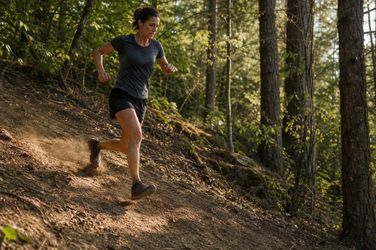 Läuferin auf einem steilen Waldtrail bergab im Moment des Aufpralls, das vordere Bein bremst und federt die Last ab, Staub wirbelt auf