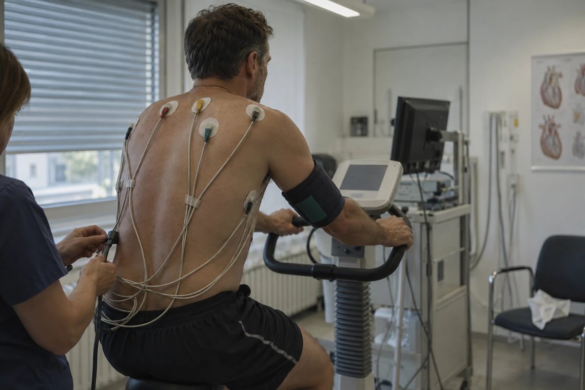 Mann auf einem medizinischen Fahrradergometer beim Belastungs-EKG, Elektroden und Kabel auf dem Rücken, Blutdruckmanschette am Oberarm, von hinten über die Schulter fotografiert