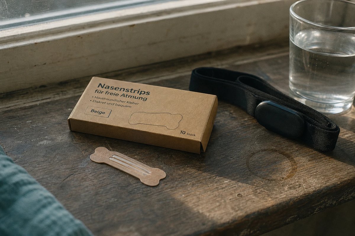 Verpackung beiger Nasenstrips mit der Aufschrift für freie Atmung neben einem einzelnen Strip mit zwei sichtbaren Kunststoffstegen, einem Herzfrequenz-Brustgurt und einem Wasserglas auf einer Fensterbank aus Holz