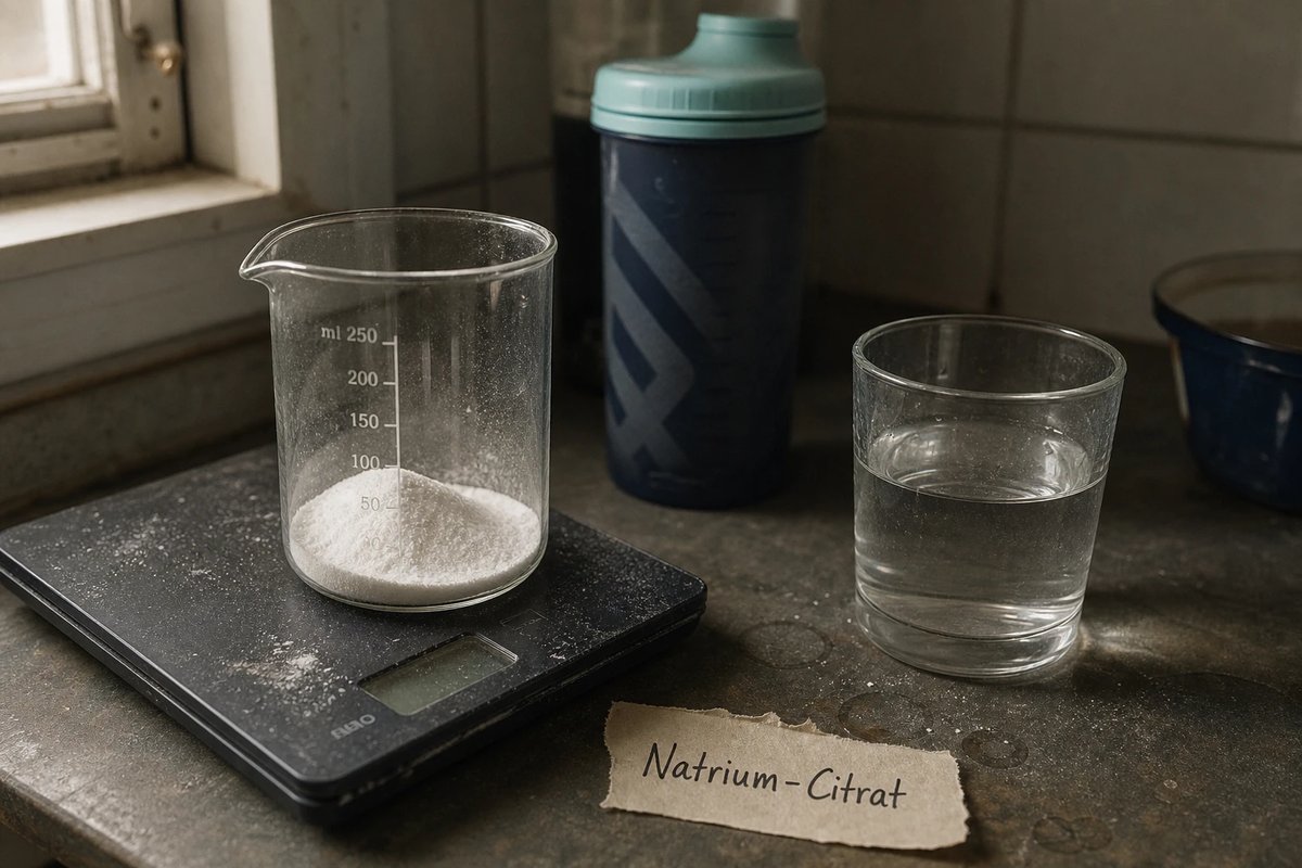 Feines weißes Natrium-Citrat-Pulver in einem Messbecher auf einer Küchenwaage, daneben ein Glas Wasser und ein handbeschriftetes Etikett mit der Aufschrift Natrium-Citrat