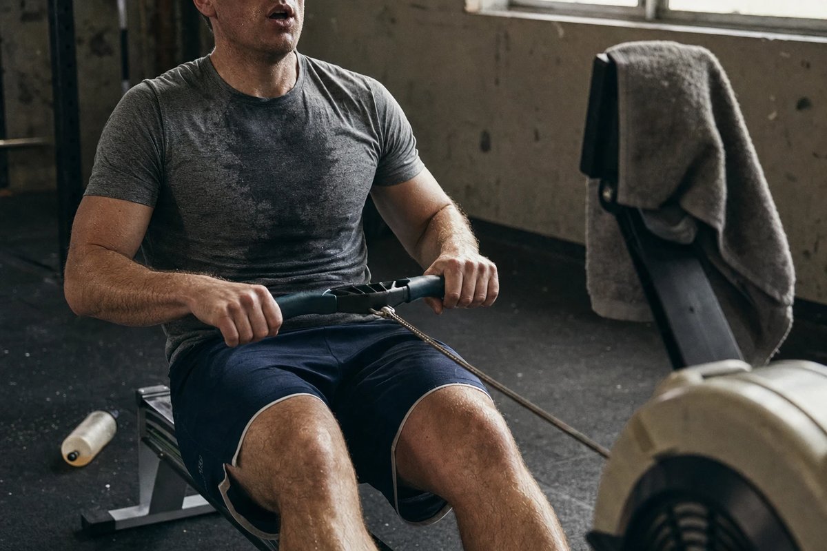 Athlet mitten in einer harten Belastung auf einem Indoor-Rudergerät, angespannte Unterarme am Griff, schweißnasses graues Trainingsshirt