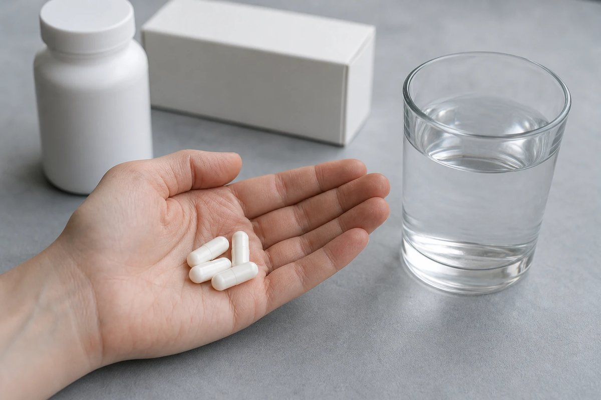 Handfläche mit einigen schlichten weißen Kapseln neben einem einfachen Glas Wasser auf einer neutralen Fläche, markenneutrale Darstellung