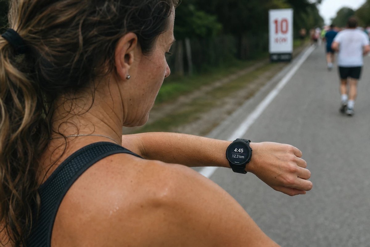 Läuferin blickt mitten im Rennen auf ihre GPS-Uhr am Handgelenk, das Display zeigt Pace und gelaufene Distanz, im Hintergrund ein Kilometerschild auf der Strecke