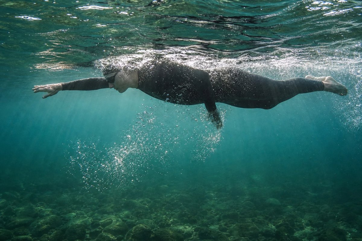 Unterwasser-Seitenansicht eines Schwimmers im schwarzen Neopren-Vollanzug, dessen Hüfte und Beine hoch und waagerecht knapp unter der Wasseroberfläche liegen, in stromlinienförmiger Position