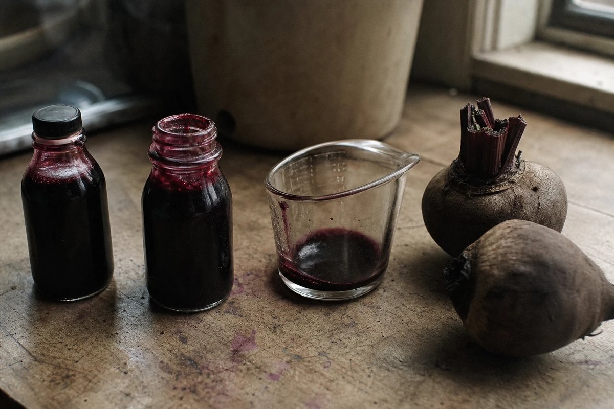 Zwei kleine Fläschchen mit dunkelrotem konzentriertem Rote-Bete-Saft, ein Messglas mit rotem Rückstand und zwei frische Rote Bete auf einer Küchenarbeitsplatte