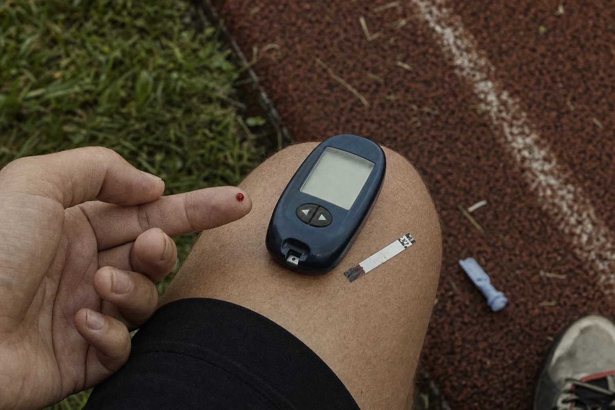 Handliches Laktatmessgerät und Teststreifen auf dem Knie eines Läufers am Rand einer Tartanbahn, dazu eine Fingerkuppe mit kleinem Blutstropfen