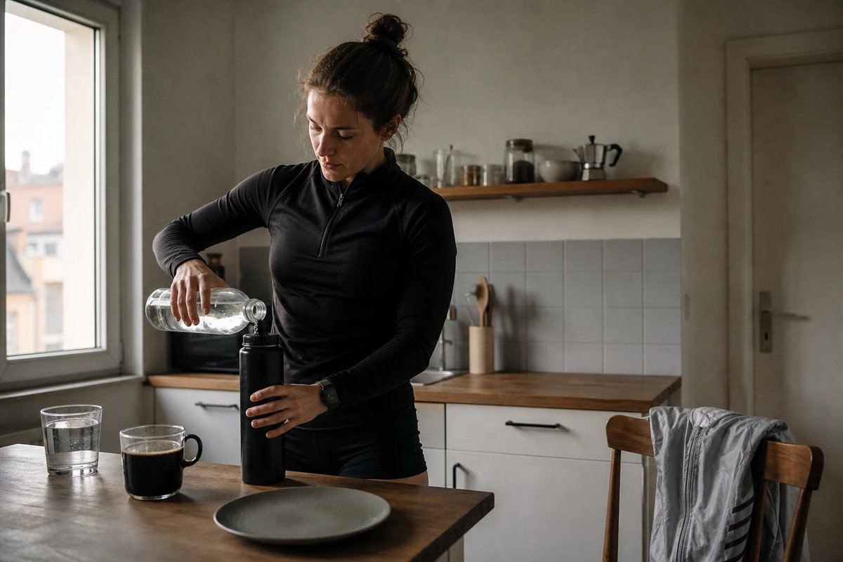 Läuferin in Trainingskleidung füllt am frühen Morgen in der Küche ihre Trinkflasche, schwarzer Kaffee und ein leerer Teller stehen daneben, bevor sie nüchtern losgeht