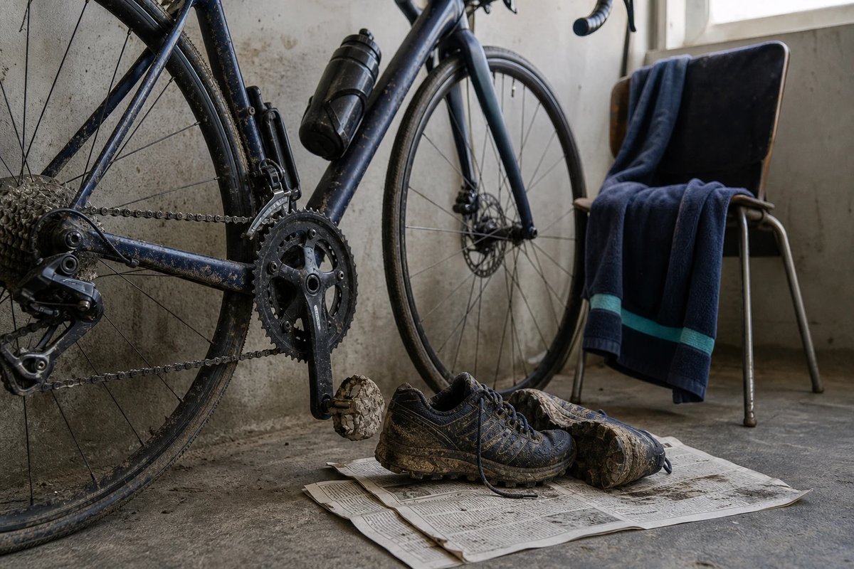 Rennrad an einer Garagenwand neben getrockneten Trailschuhen und einem Schwimmhandtuch über einem Stuhl, der Cross-Training-Mix der Off-Season