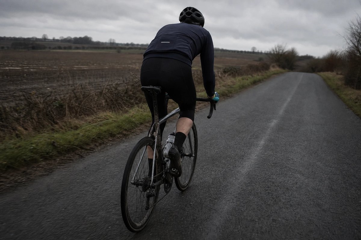 Einzelner Rennradfahrer in schlichtem Trikot, von hinten gesehen, auf einer grauen Landstraße durch offenes Ackerland bei bedecktem Himmel