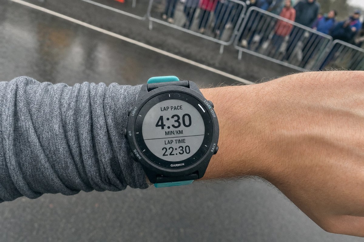 GPS-Sportuhr am Handgelenk einer Läuferin mitten im Rennen, das Display zeigt Pace und Rundenzeit, der Arm in Bewegung vor nasser Straße und einer Absperrung