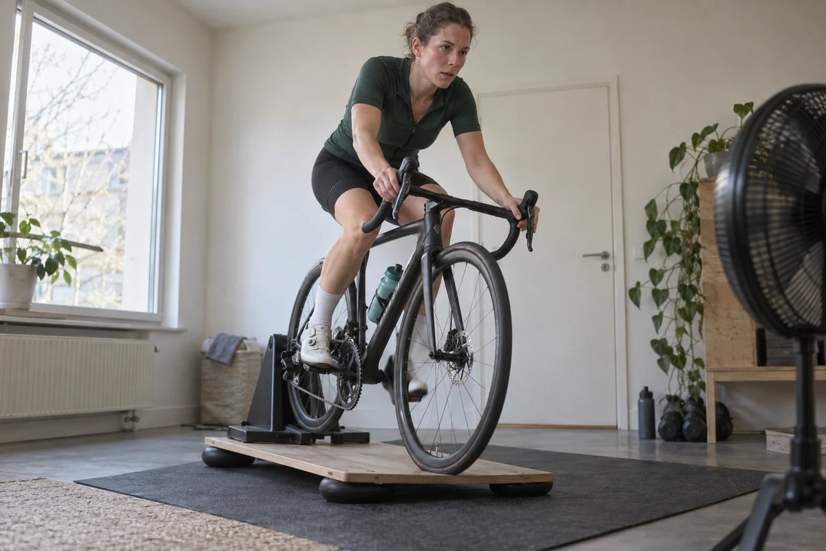 Radfahrerin in grünem Trikot auf einem Rennrad im Rollentrainer, der Trainer steht auf einer Holzplatte mit schwarzen Gummikissen darunter auf einer Matte in einem hellen Zimmer, rechts ein Ventilator