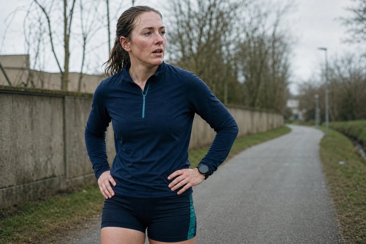 Läuferin verschnauft nach einer Trainingseinheit auf einem grauen Vorstadtweg, das Training bleibt bei passiver Hitzeakklimatisierung unverändert