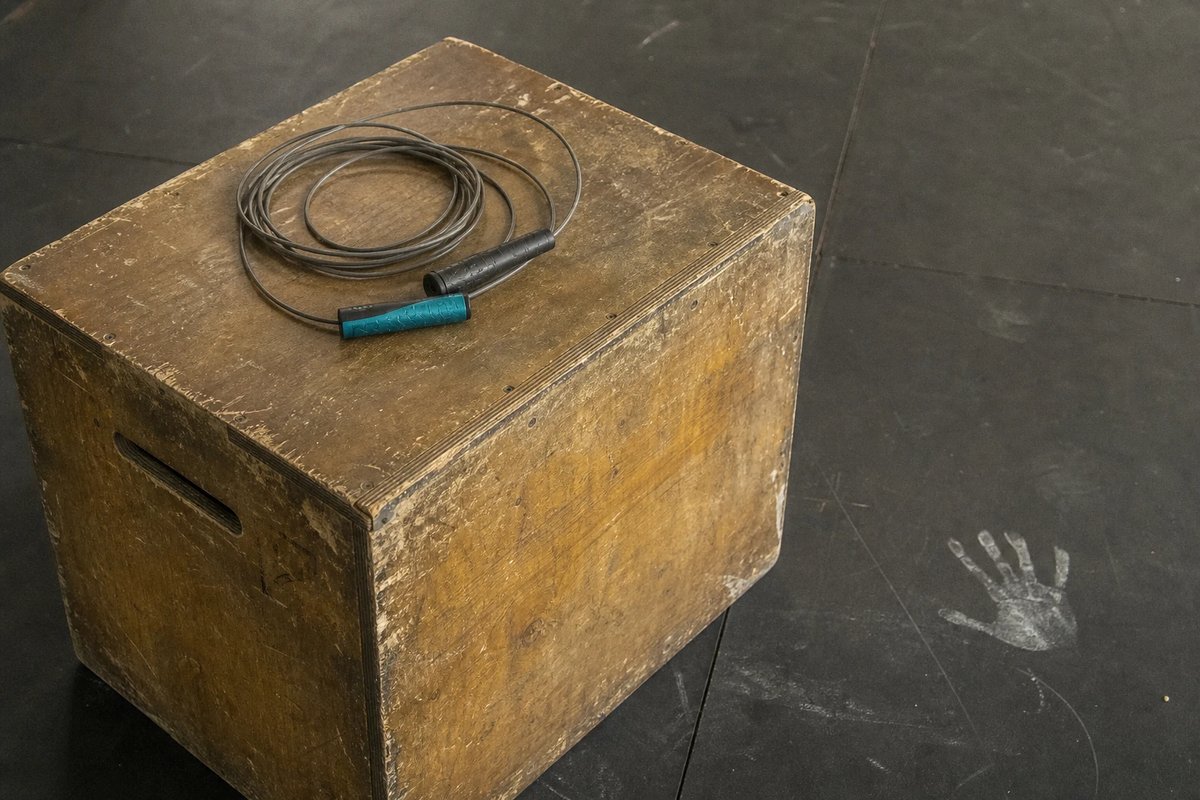 Abgenutzte niedrige Holz-Plyobox mit einer aufgerollten Sprungschnur darauf auf einem zerkratzten Gummiboden, daneben ein blasser Kreideabdruck einer Hand