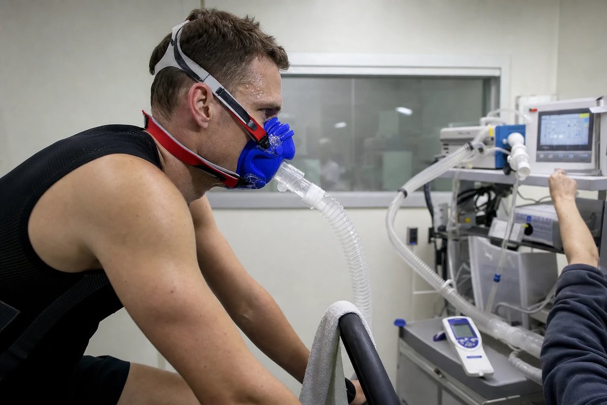 Ausdauersportler bei einem Leistungstest im Sportlabor mit Atemmaske zur Atemgasanalyse, daneben ein Laktatmessgerät und die Hand eines Technikers