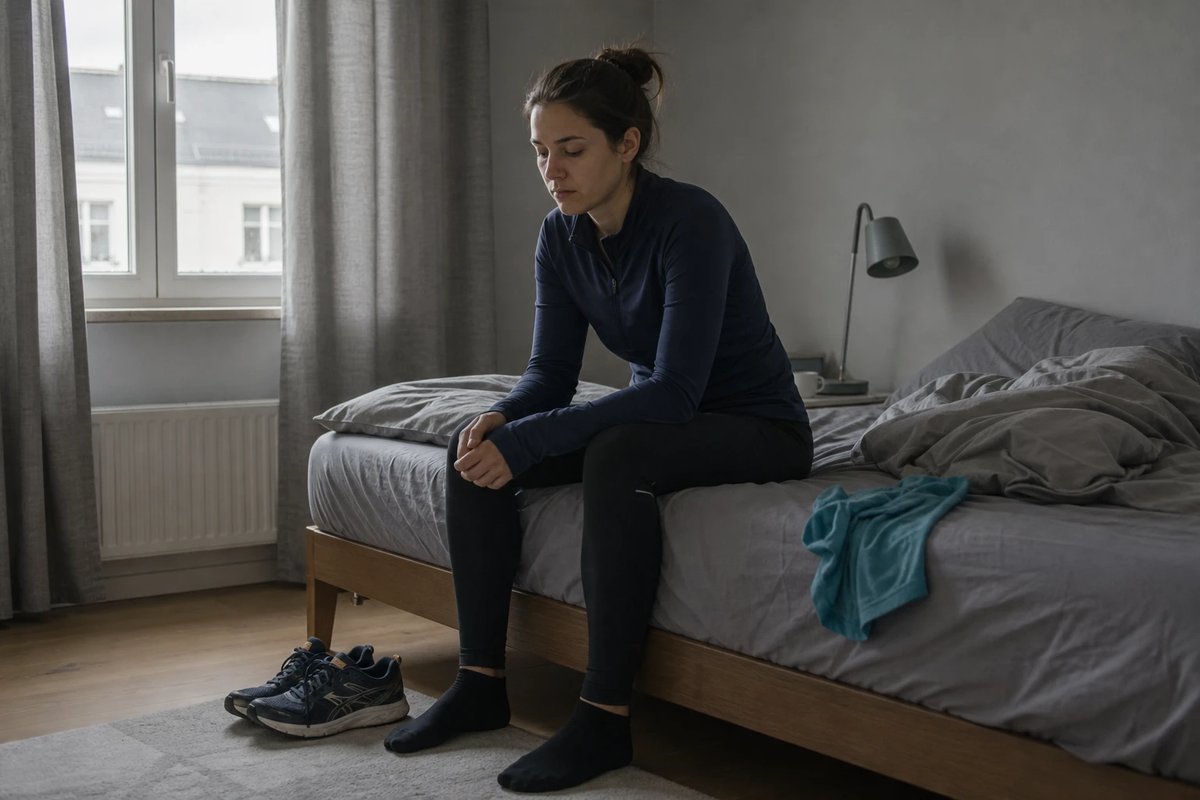 Läuferin sitzt am Morgen nach dem Wettkampf in Sportkleidung auf der Bettkante, die Laufschuhe unberührt daneben, flacher Blick und wenig Antrieb statt Euphorie